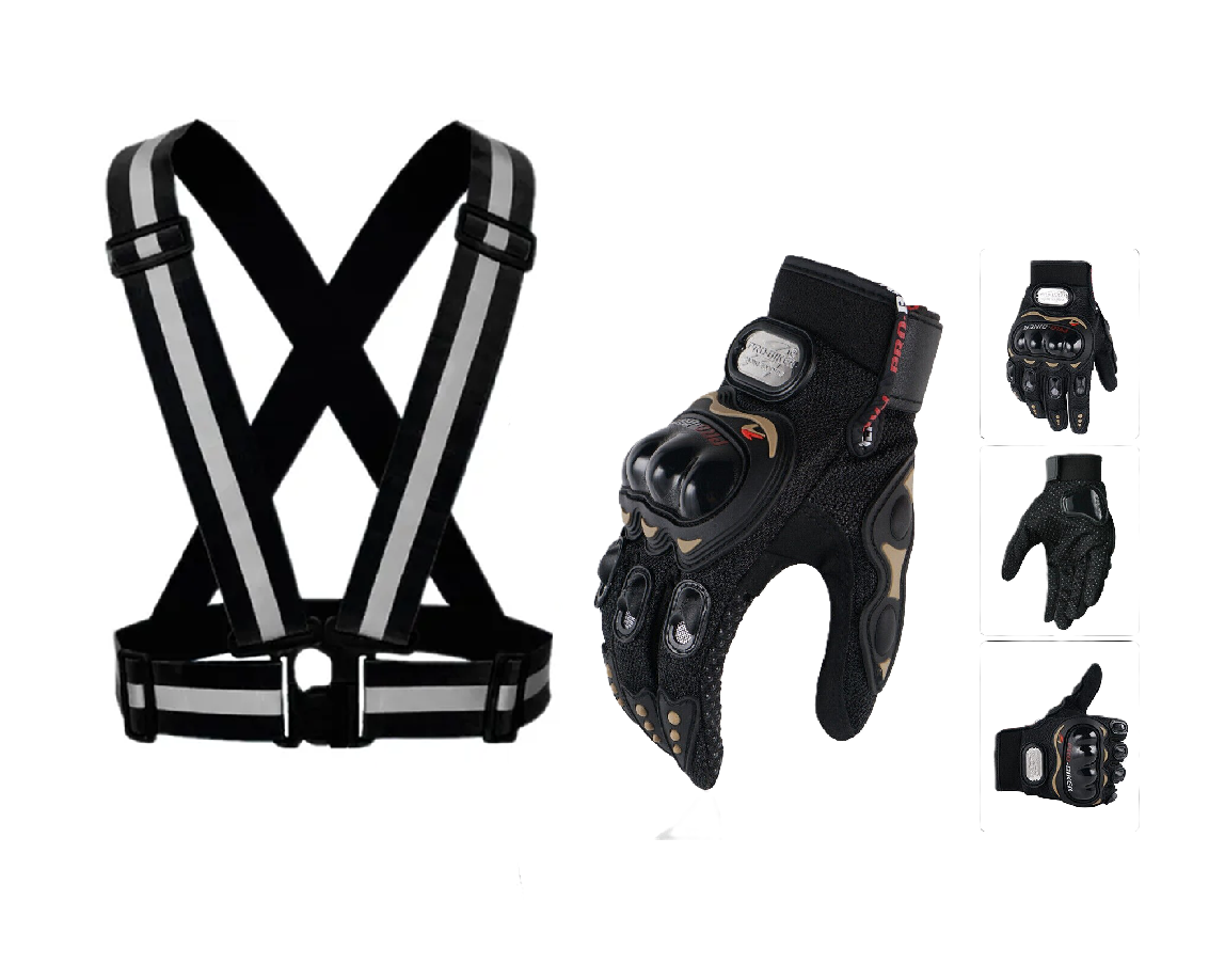 Motorcycle Vision and Safety Grip Safety Gears: Reflective Straps and Full/Half Riding Gloves