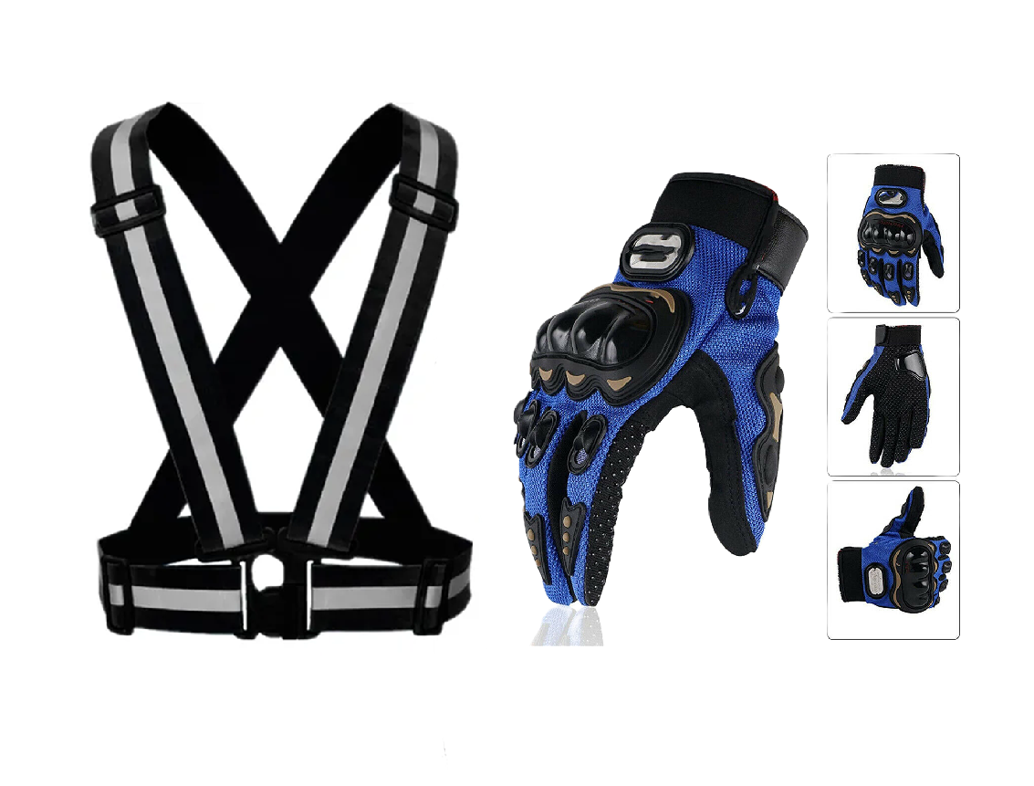 Motorcycle Vision and Safety Grip Safety Gears: Reflective Straps and Full/Half Riding Gloves