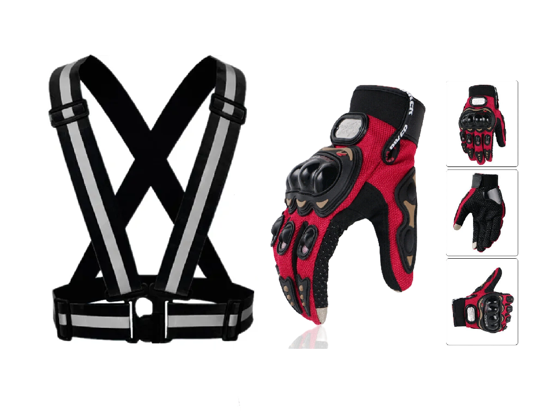 Motorcycle Vision and Safety Grip Safety Gears: Reflective Straps and Full/Half Riding Gloves