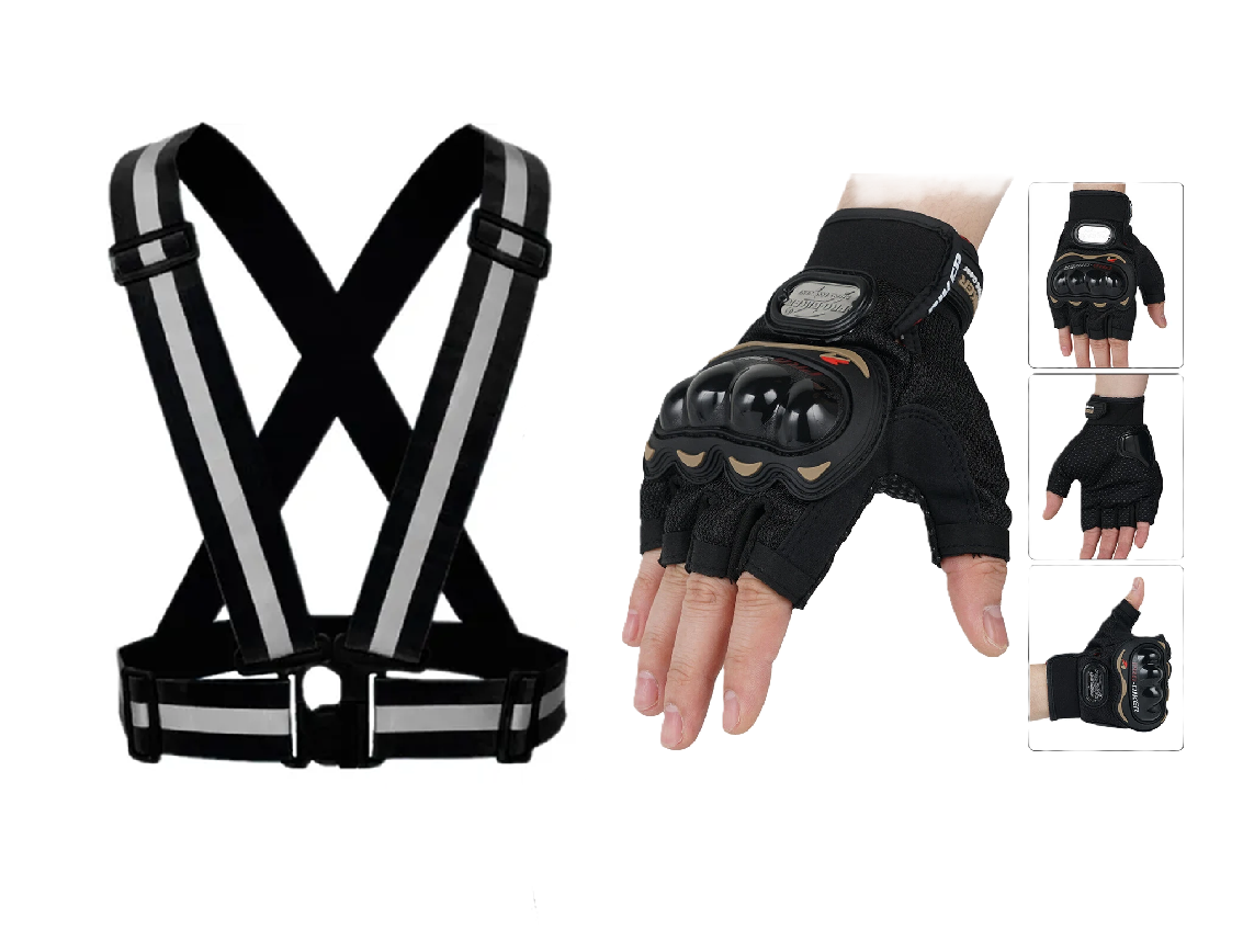 Motorcycle Vision and Safety Grip Safety Gears: Reflective Straps and Full/Half Riding Gloves