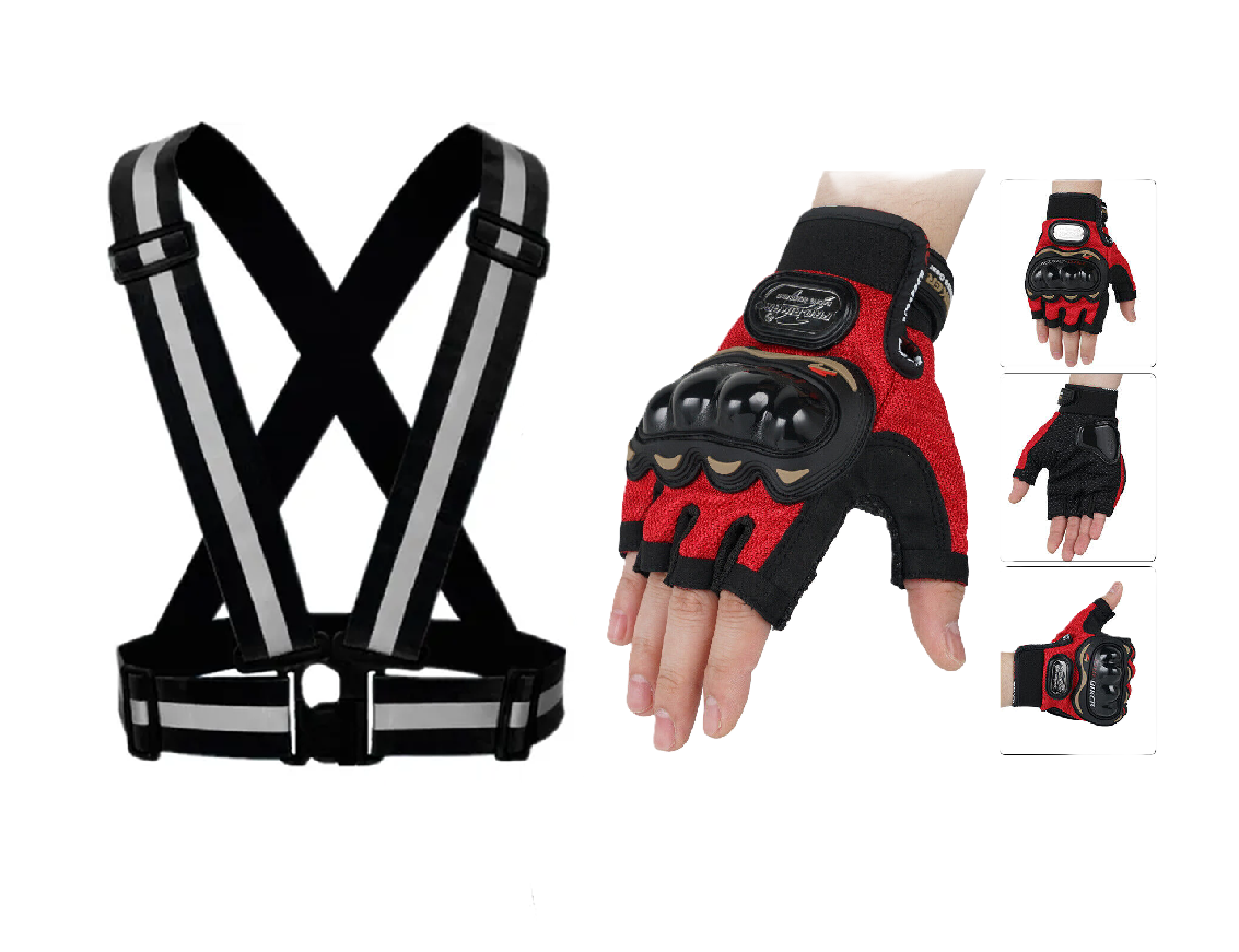 Motorcycle Vision and Safety Grip Safety Gears: Reflective Straps and Full/Half Riding Gloves