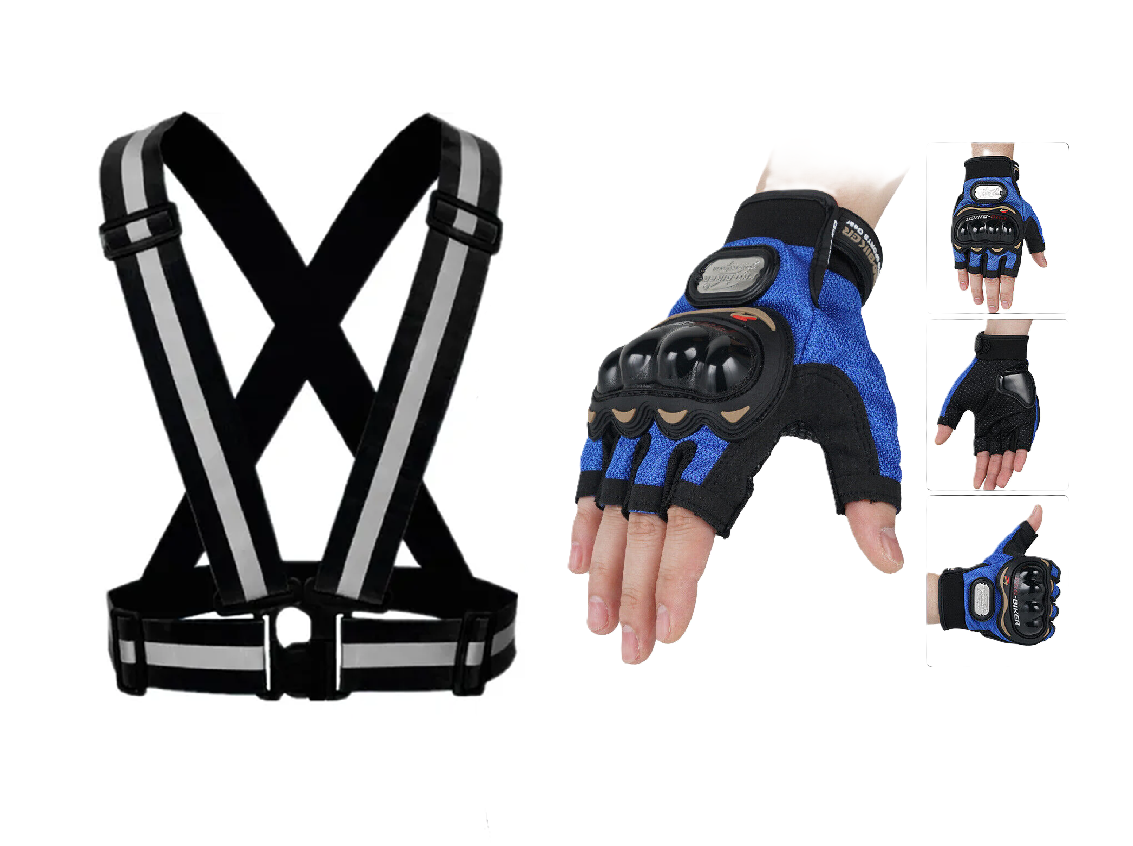 Motorcycle Vision and Safety Grip Safety Gears: Reflective Straps and Full/Half Riding Gloves