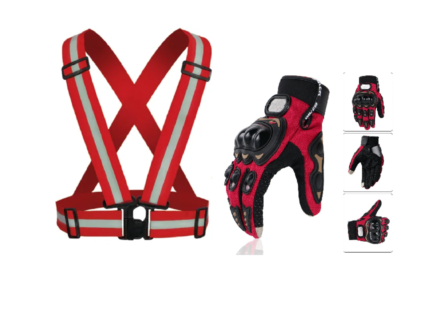 Motorcycle Vision and Safety Grip Safety Gears: Reflective Straps and Full/Half Riding Gloves