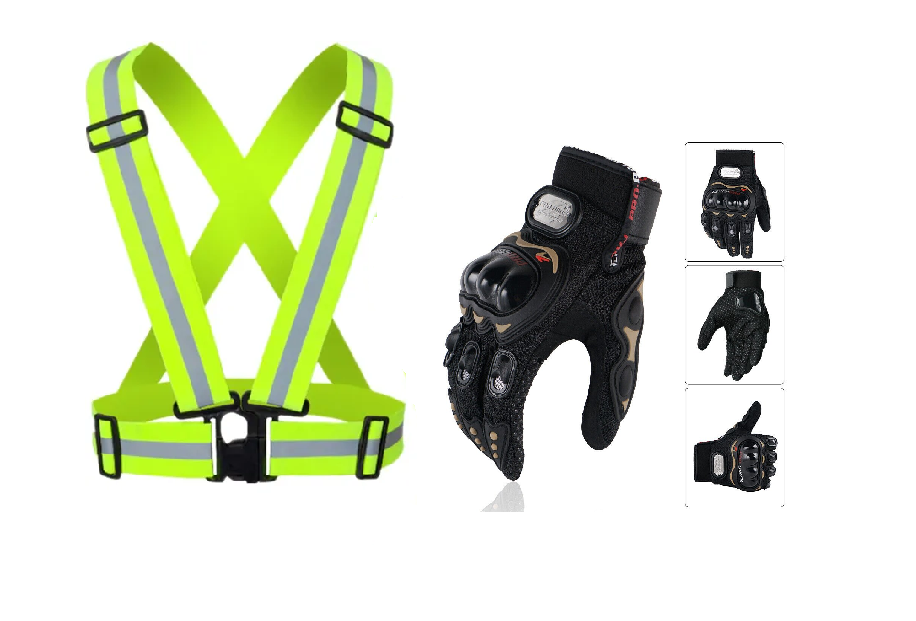 Motorcycle Vision and Safety Grip Safety Gears: Reflective Straps and Full/Half Riding Gloves