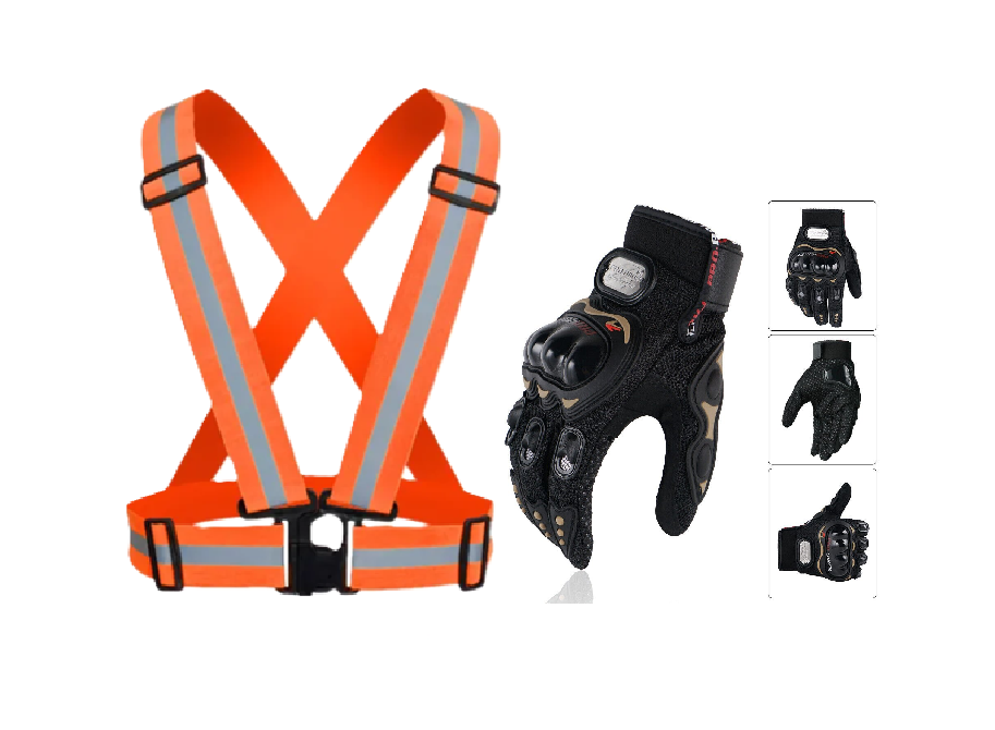 Motorcycle Vision and Safety Grip Safety Gears: Reflective Straps and Full/Half Riding Gloves