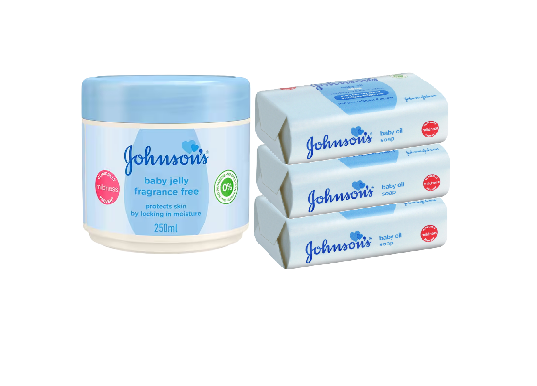 Johnson's Baby Jelly Lightly Fragranced 250ml & Baby Jelly Fragrance-Free 250ml and Johnson's Baby Soap Lotion 100g, Baby Oil Soap 100g & Baby Bedtime Soap 100g