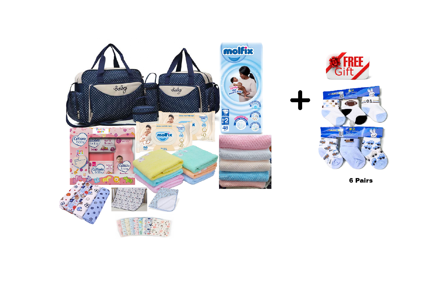 5 in 1 Baby Diaper Bag, Molfix Diapers Small 48pcs, Molfix Baby wipes, Cussons Baby S & S Gift Bag, Baby Flannels 4 pcs( Assorted colours), Mackintosh 1 pc (Assorted colour), Baby Shawl(one's Choice)