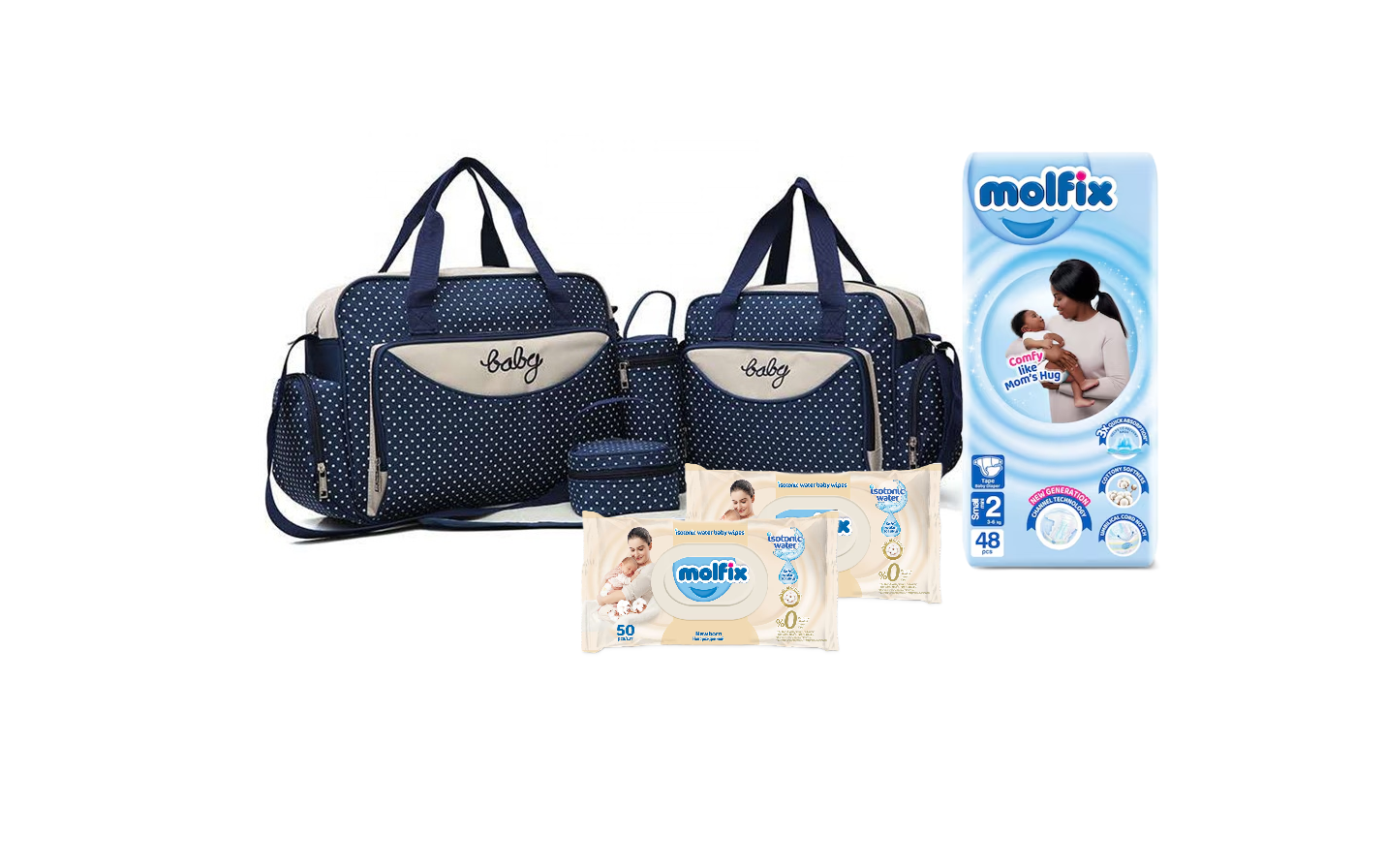 Babay Receiving Essentials: 5 In 1 Baby Diaper Bag, Nappy Changing Pad Travel Mummy Bag, Newborn size 2 Small Molfix Diapers 48 PCS and 2 Packs of Molfix  Newborn Isotonic Baby Wipes 50 PCS