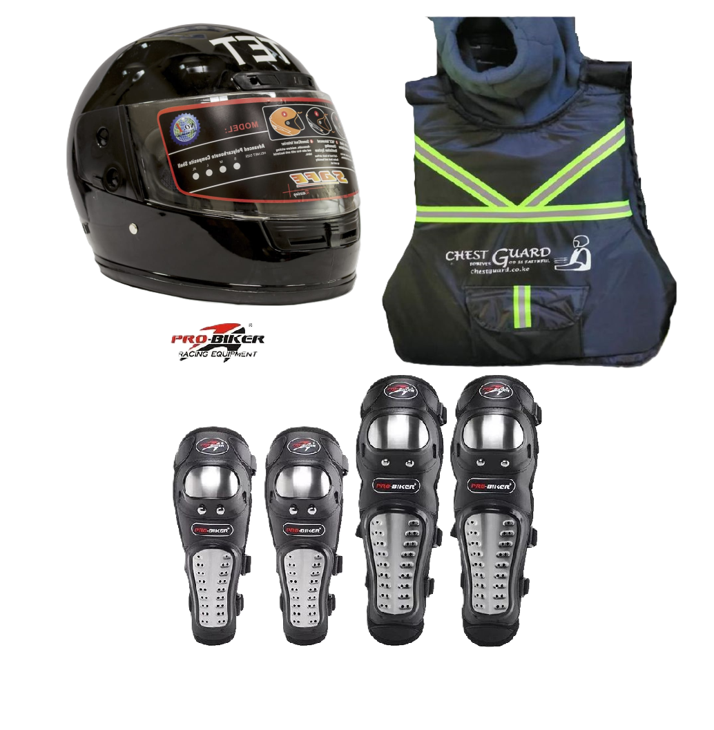 Motorcycle Riders Storm Guard Pro 3-Piece Rider Protection Set:  Full Head Helmet, Chest Guard and Pro-Biker Knee & Elbow Guards Set