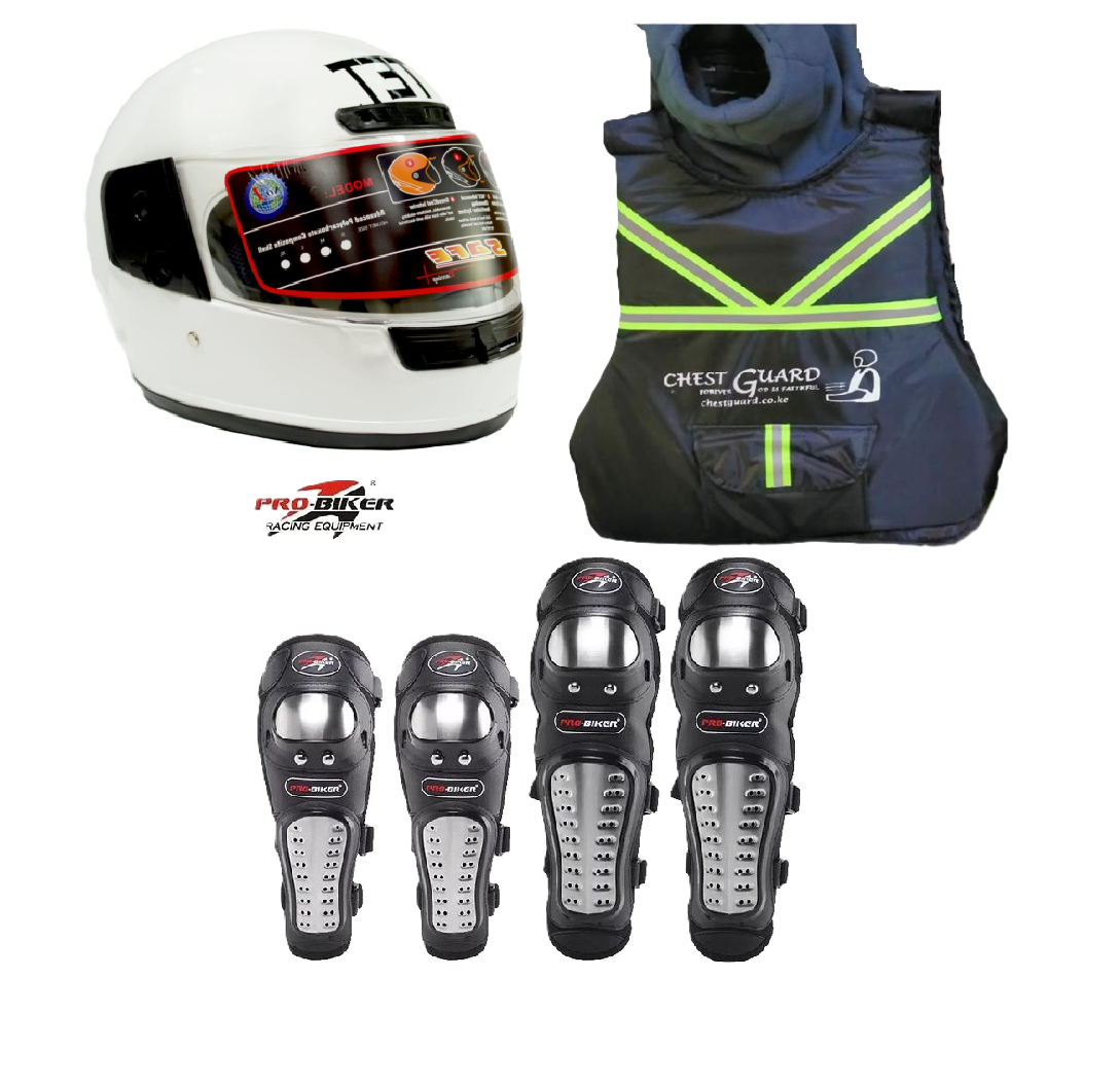 Motorcycle Riders Storm Guard Pro 3-Piece Rider Protection Set:  Full Head Helmet, Chest Guard and Pro-Biker Knee & Elbow Guards Set