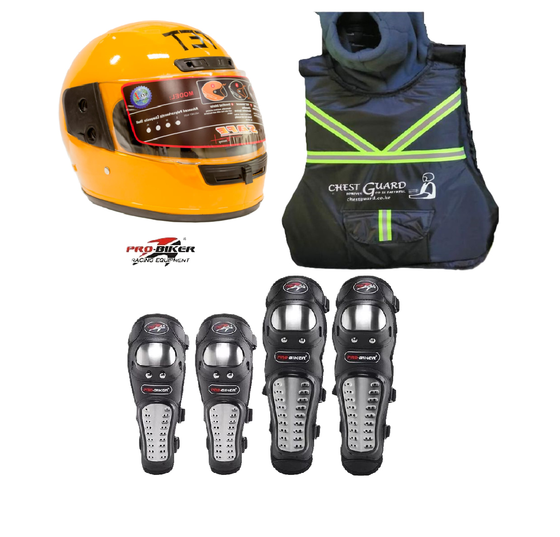 Motorcycle Riders Storm Guard Pro 3-Piece Rider Protection Set:  Full Head Helmet, Chest Guard and Pro-Biker Knee & Elbow Guards Set