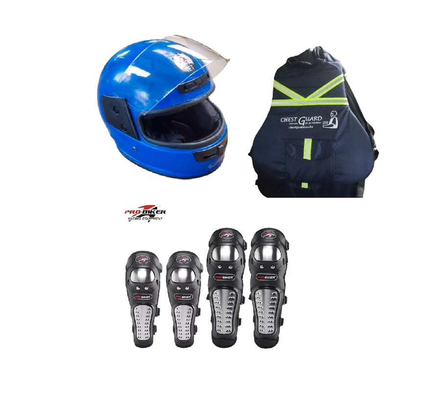 Motorcycle Riders Storm Guard Pro 3-Piece Rider Protection Set:  Full Head Helmet, Chest Guard and Pro-Biker Knee & Elbow Guards Set
