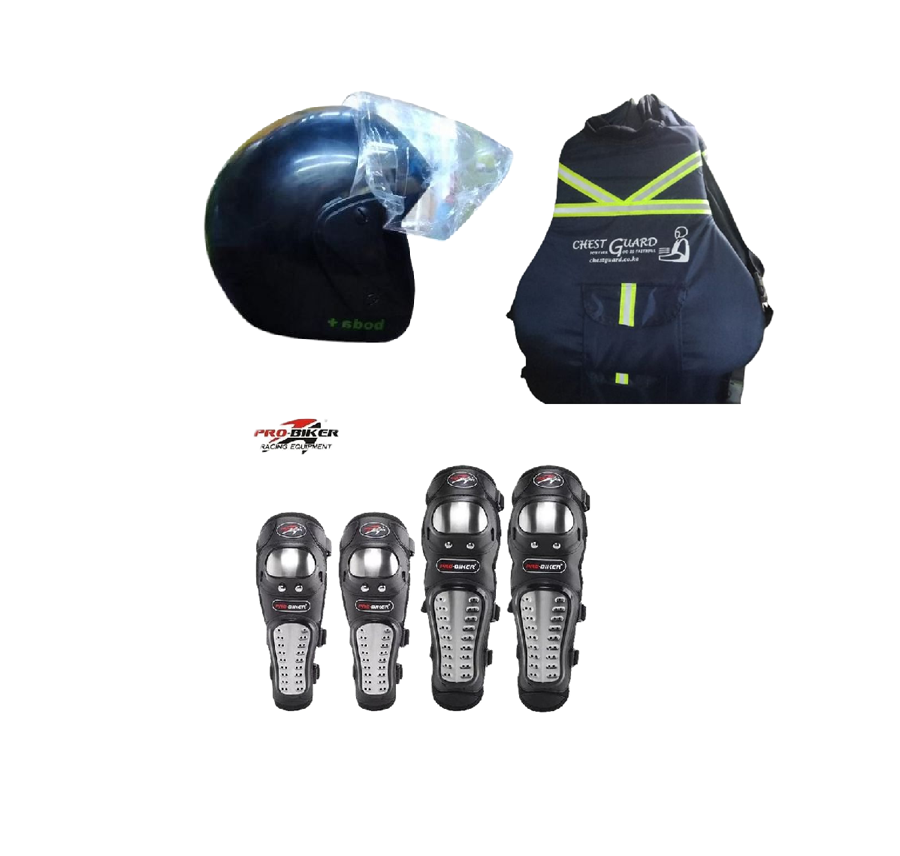 Motorcycle Riders Storm Guard Pro 3-Piece Rider Protection Set:  Full Head Helmet, Chest Guard and Pro-Biker Knee & Elbow Guards Set
