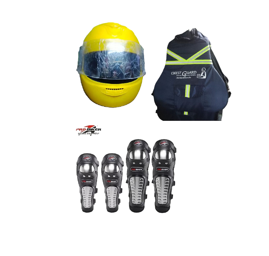 Motorcycle Riders Storm Guard Pro 3-Piece Rider Protection Set:  Full Head Helmet, Chest Guard and Pro-Biker Knee & Elbow Guards Set