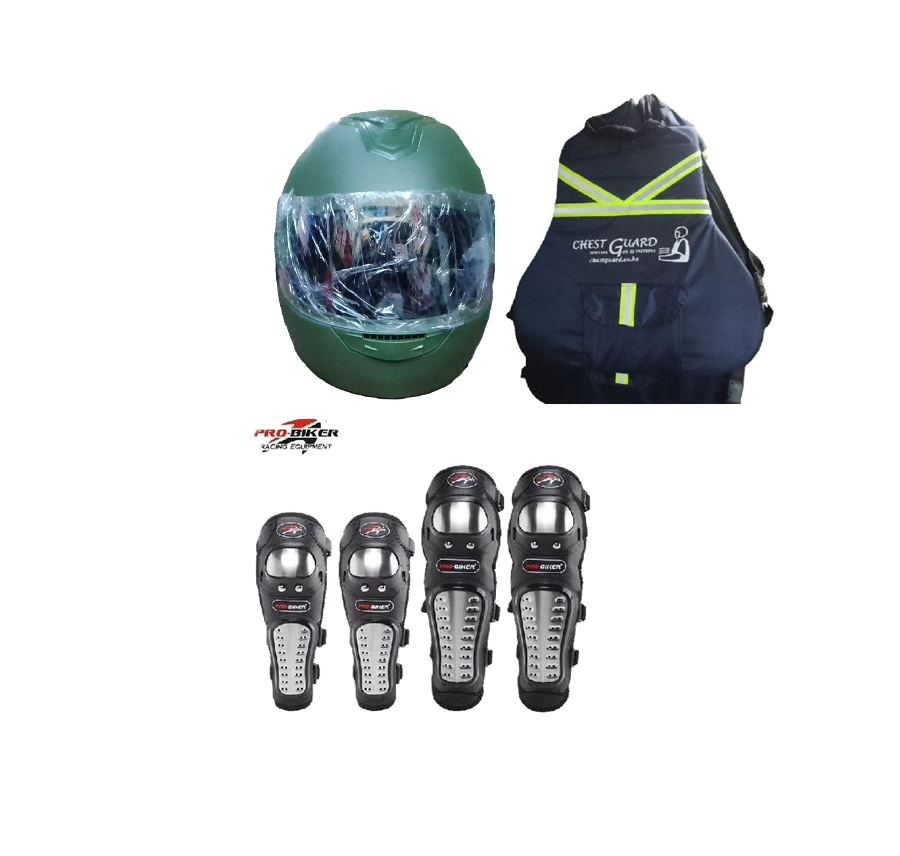 Motorcycle Riders Storm Guard Pro 3-Piece Rider Protection Set:  Full Head Helmet, Chest Guard and Pro-Biker Knee & Elbow Guards Set