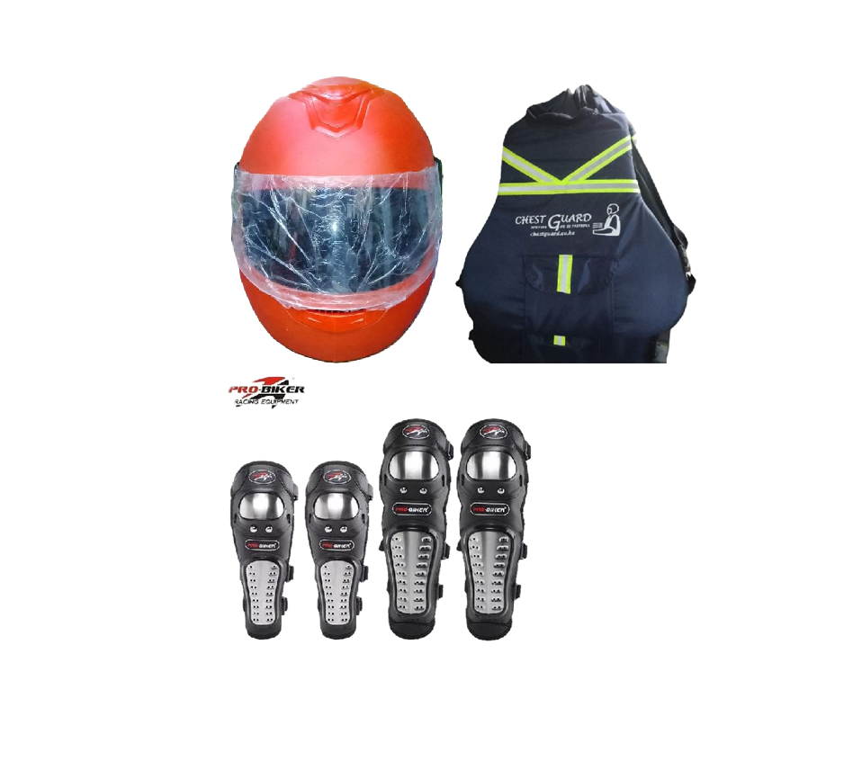 Motorcycle Riders Storm Guard Pro 3-Piece Rider Protection Set:  Full Head Helmet, Chest Guard and Pro-Biker Knee & Elbow Guards Set