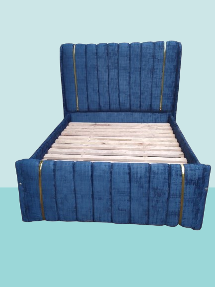 (OFFER!!!) Modern Upholstered Bed Frame – Deep Blue Velvet with Vertical Panel Design & Golden Accent Straps + FREE Spanner Gift (Without mattress) 4*6ft, 5*6ft & 6*6ft