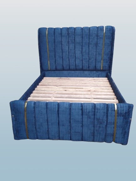 (OFFER!!!) Modern Upholstered Bed Frame – Deep Blue Velvet with Vertical Panel Design & Golden Accent Straps + FREE Spanner Gift (Without mattress) 4*6ft, 5*6ft & 6*6ft