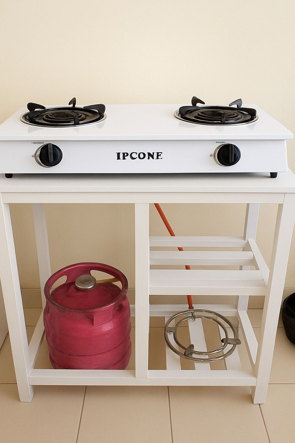 White Wooden Kitchen Table for 2-Burner Gas Cooker & Storage 6-ply – Compact Dining & Cooking Solution With shelves and storage space for 6kg or 13kg LPG Gas.Living room kitchen furniture(Table only)