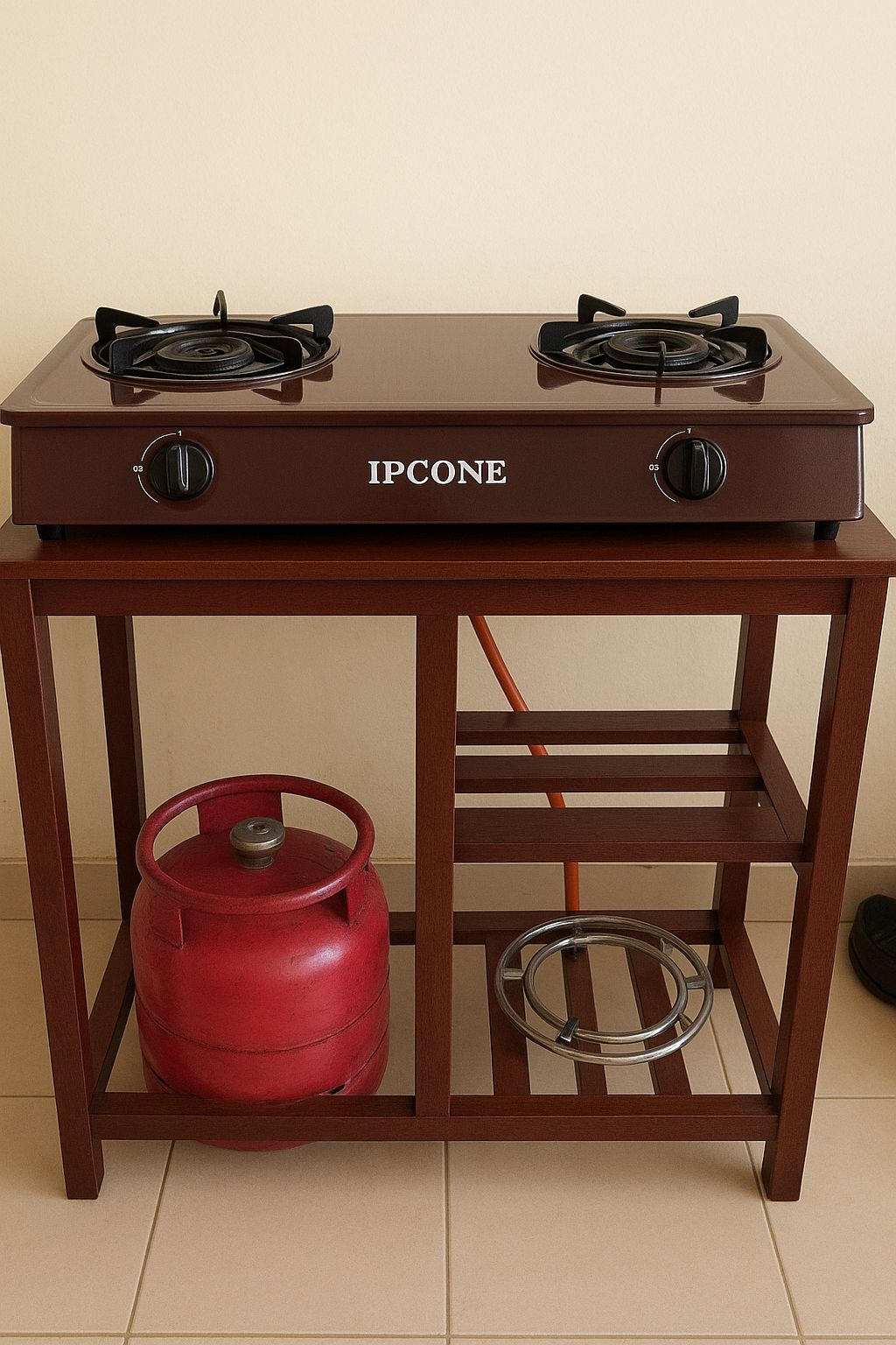 Brown Wooden Kitchen Table for 2-Burner Gas Cooker & Storage 6-ply – Compact Dining & Cooking Solution With shelves and storage space for 6kg or 13kg LPG Gas.Living room kitchen furniture(Table only)