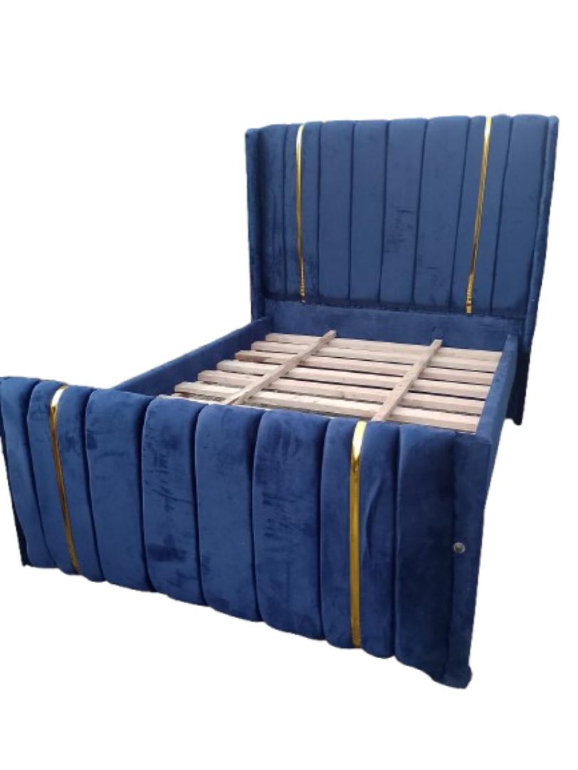 (OFFER!!!) Modern Upholstered Bed Frame – Deep Blue Velvet with Vertical Panel Design & Golden Accent Straps + FREE Spanner Gift (Without mattress) 4*6ft, 5*6ft & 6*6ft