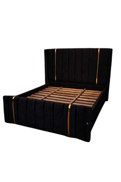 (OFFER!!!) Modern Upholstered Bed Frame – Black/Beige/Brown/Grey Velvet with Vertical Panel Design & Golden Accent Straps (Without mattress) 4*6ft, 5*6ft & 6*6ft Made In Kenya