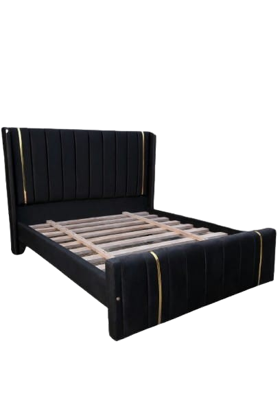 (OFFER!!!) Modern Upholstered Bed Frame – Black/Beige/Brown/Grey Velvet with Vertical Panel Design & Golden Accent Straps (Without mattress) 4*6ft, 5*6ft & 6*6ft Made In Kenya
