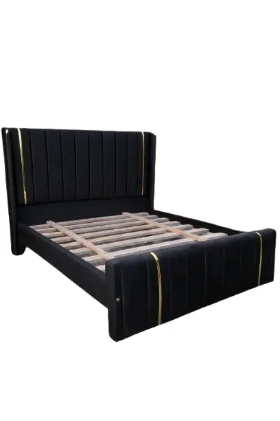 (OFFER!!!) Modern Upholstered Bed Frame – Black/Beige/Brown/Grey Velvet with Vertical Panel Design & Golden Accent Straps (Without mattress) 4*6ft, 5*6ft & 6*6ft Made In Kenya