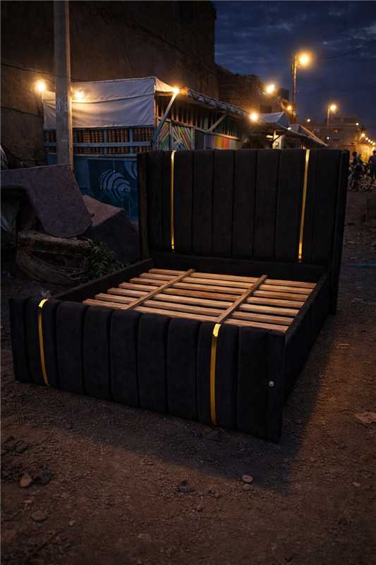 (OFFER!!!) Modern Upholstered Bed Frame – Black/Beige/Brown/Grey Velvet with Vertical Panel Design & Golden Accent Straps (Without mattress) 4*6ft, 5*6ft & 6*6ft Made In Kenya