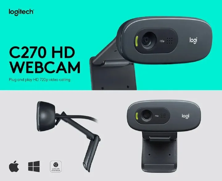 Logitech C270 HD Webcam 720p for Desktop & Laptop – Plug-and-Play USB Camera with Noise-Cancelling Mic, Wide View, Auto Light Balance for Video Calls, Streaming & Conferences