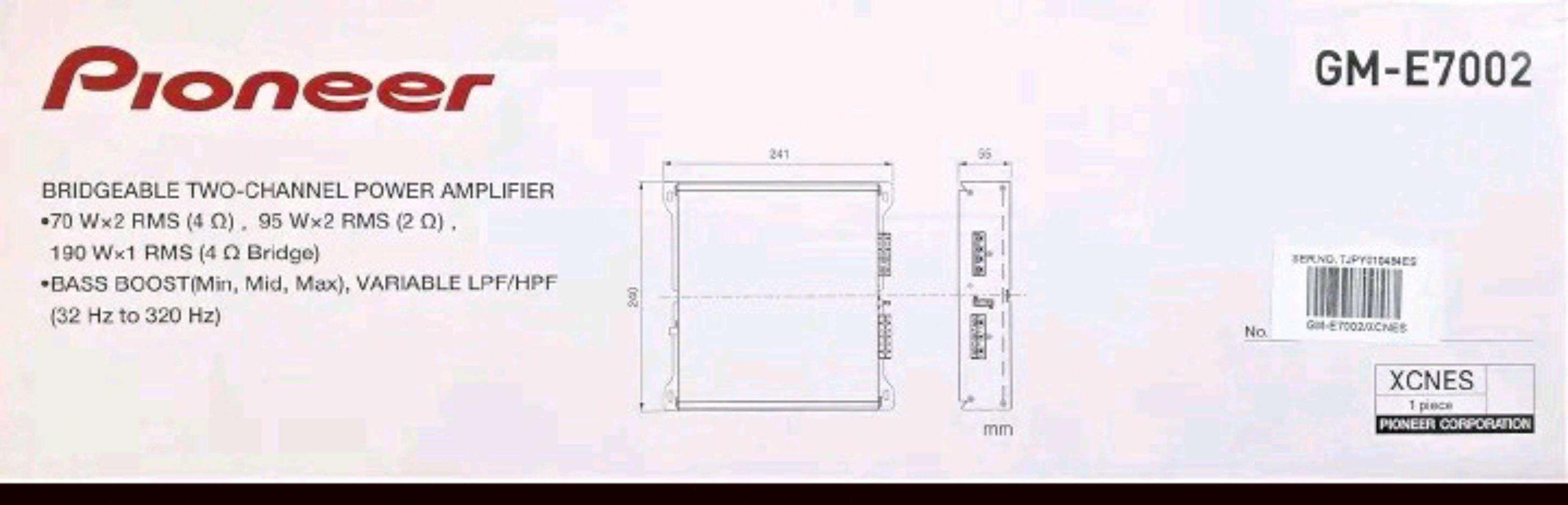 Amplifier ClassClass AB
No. of Channels2/1
RMS power output70 W x 2 RMS (4Ω) 95 W x 2 (2Ω) 190W x 1 (Bridged)
Frequency Response15 Hz to 22 kHz
Total Harmonic Distortion(THD)<0.1%
S/N Ratio>80dB
Speak