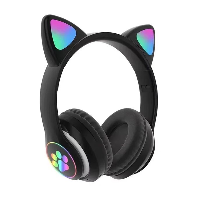 Black Cat Ear Headphones - Wireless Bluetooth, LED Lights, Cute for Girls