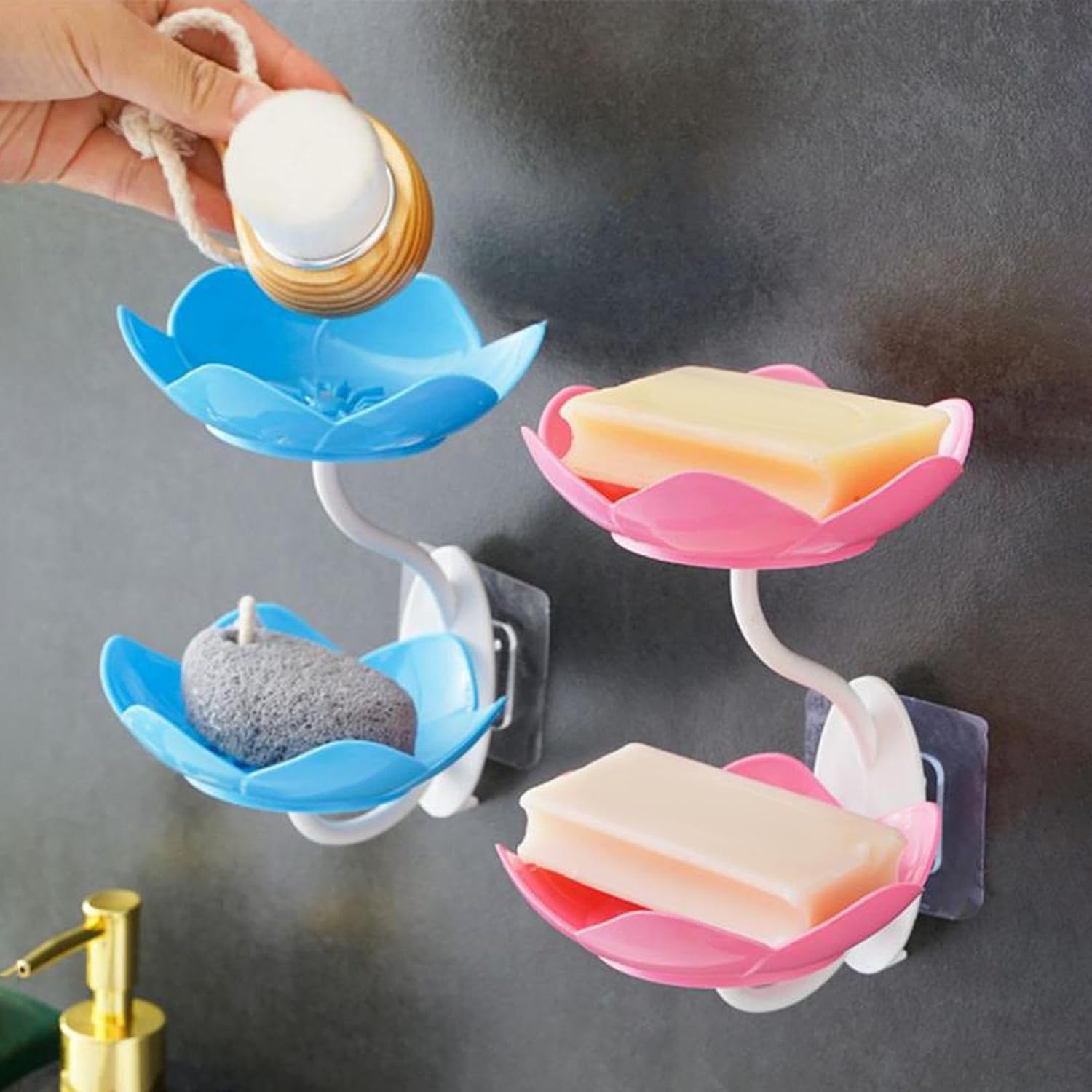 Rose Soap Holder 2Layer, Flower Shaped Suction Wall Soap Plate Plastic Bathroom Soap Dish Kitchen Bath Self Draining Soap Saver Tray Rack
