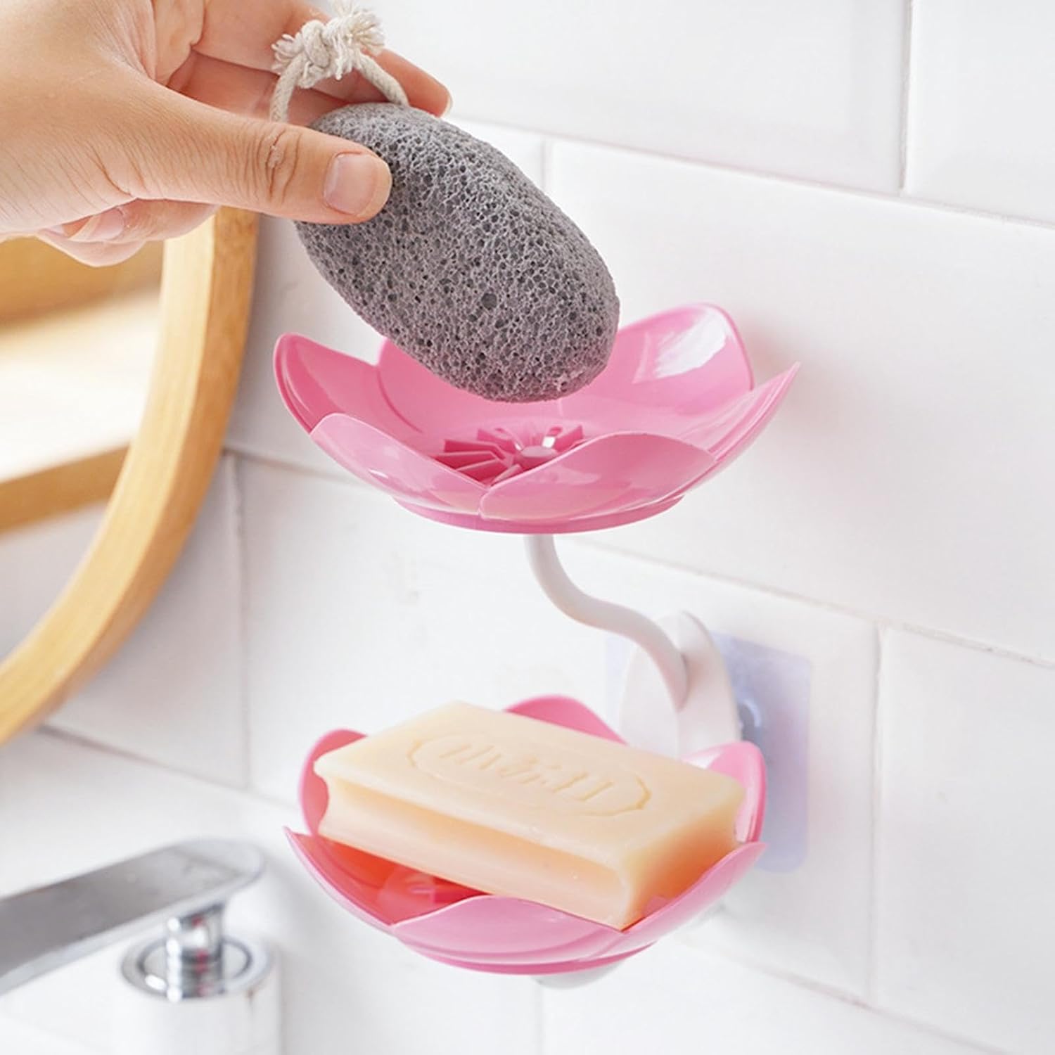 Rose Soap Holder 2Layer, Flower Shaped Suction Wall Soap Plate Plastic Bathroom Soap Dish Kitchen Bath Self Draining Soap Saver Tray Rack
