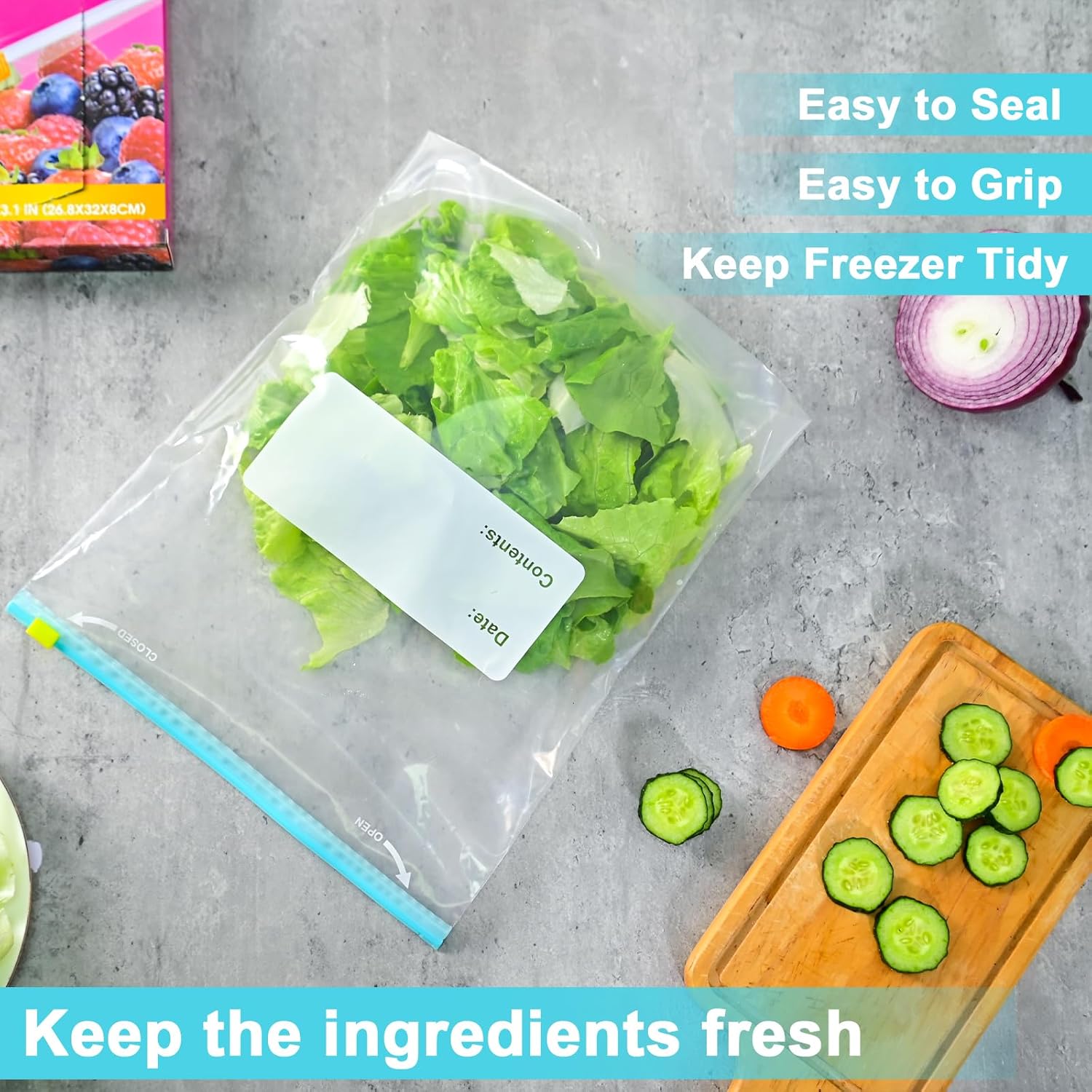 Reusable Fridge Storage Zipper Freezer Bags and Box Packing, Food Storage Bag with Zipper, Freezer Bag,Slider Food  Freezer BagsAirtight Leakproof Grip Press Seal Bags S: 255pcs  M: 20pcs  L: 15pcs