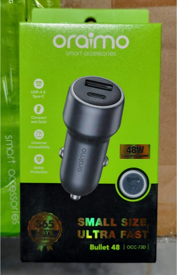 Oraimo Highway 48 watts dual Car charger OCC-73D SAFE Compact 15..5watts Dual USB For all Phones .