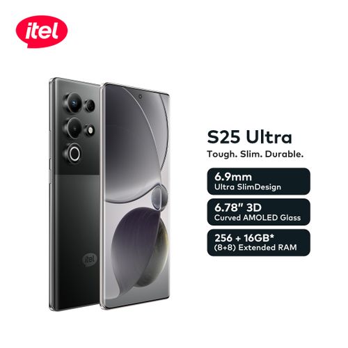 Itel S25 ULTRA 256GB+(8)GB RAM 6.78“FHD 120HZ Display Phone Dual SIM 4G Network 50MP Camera Fingerprint Unlock 18W 5000 mAh Battery Android 14 Smart Phones with Curved Amoled Screen to guarantee Class