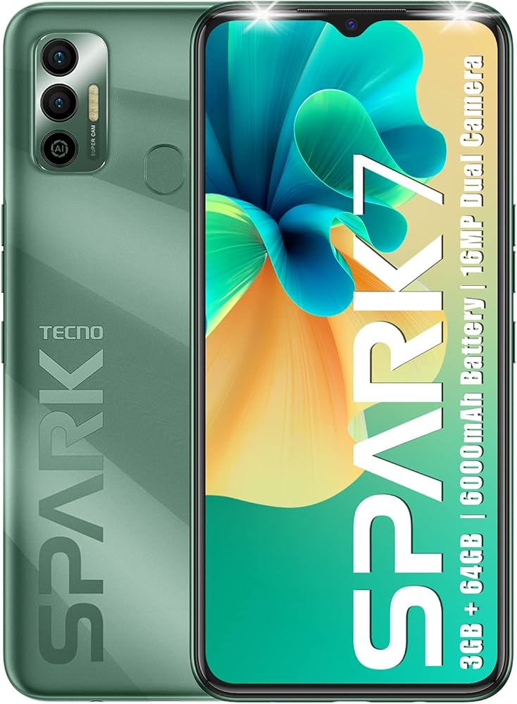 REFURBISHED TECNO SPARK 7 64GB +4GB Extended RAM 6.55" Inch Camera 16MP  MT6762D Helio A25 chipset 6000mAh Smart Phones 4G-Dual SIM with Fingerprint phone AND Free SCREEN PROTECTOR