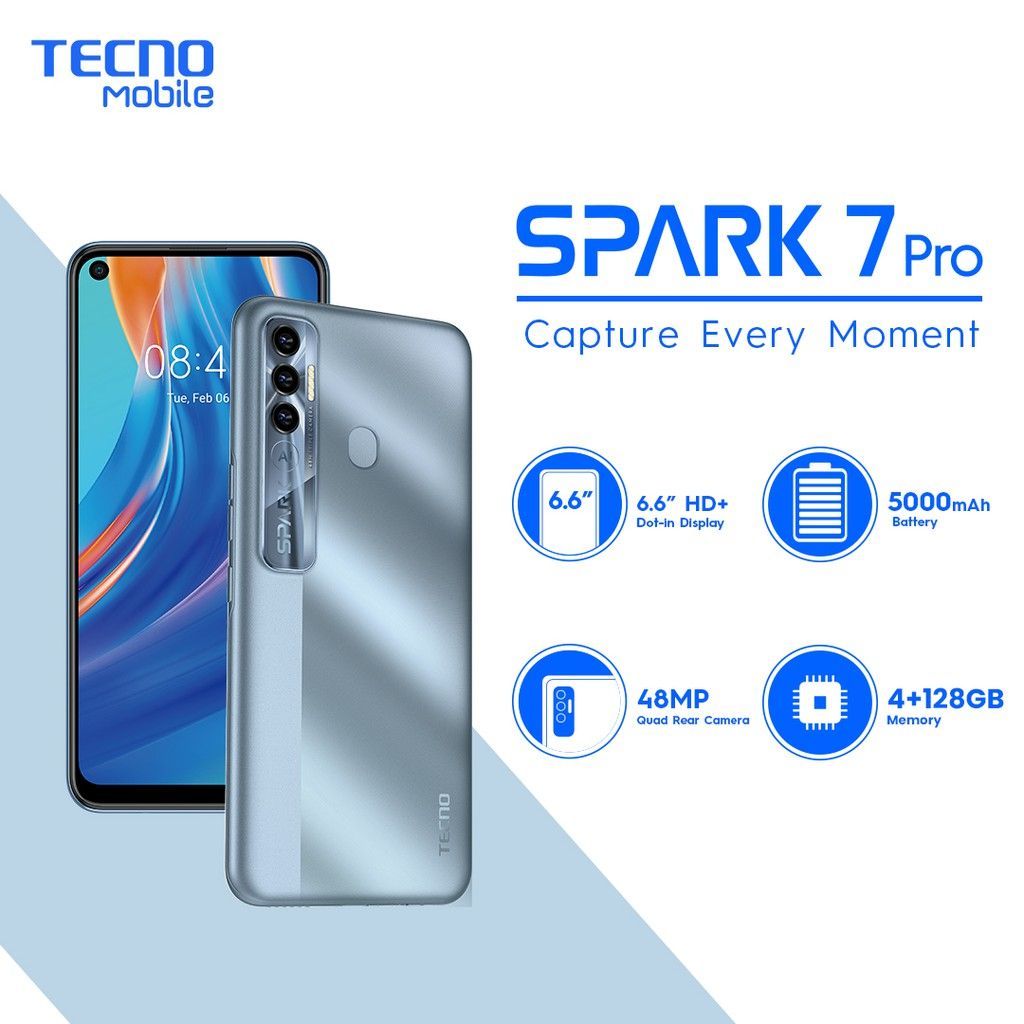 Refurbished Tecno Spark 7 Pro 4G+64GB Real memory dual sim Grade A Quality Arrived in 3 days Original Smart phone 6.6” Full HD  Android phones with free Screen Protector and Type C charge Cable