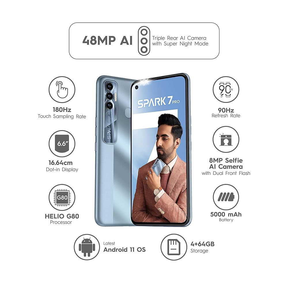 Refurbished Tecno Spark 7 Pro 4G+64GB Real memory dual sim Grade A Quality Arrived in 3 days Original Smart phone 6.6” Full HD  Android phones with free Screen Protector and Type C charge Cable
