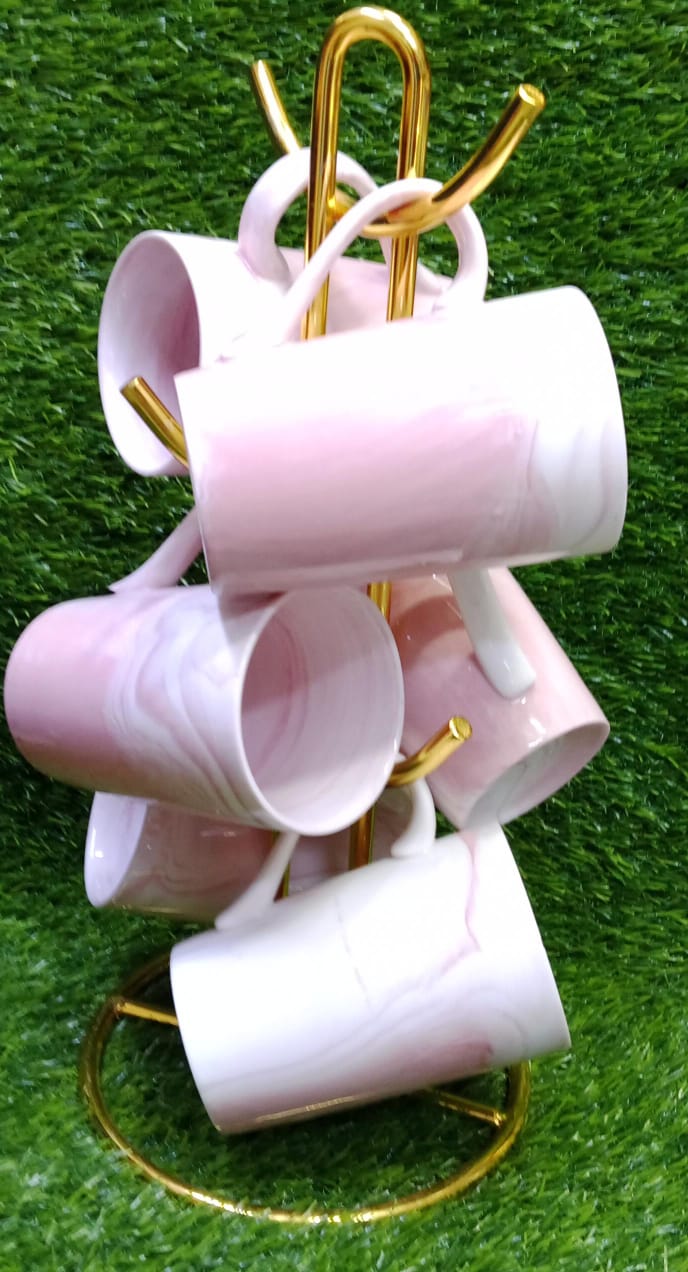 6-Piece Long Pink Swirl Mug Set. 400ml Ceramic Coffee Mugs with Large Handle