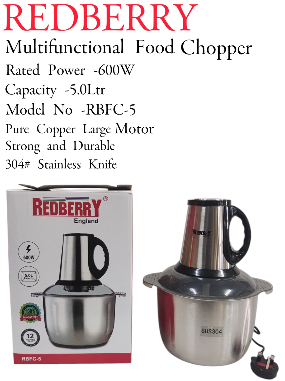 RBFC-5 redbery multifunctional food chopper 5 litres  with large motor, durable , pure copper with stainless knife,600W