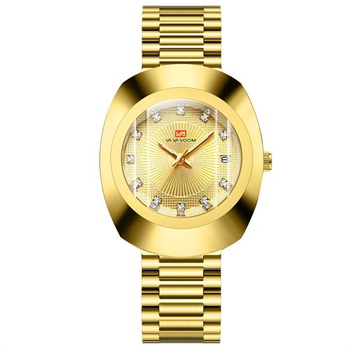 New Fashion Luxury Gold Stainless Steel Couple Watches | Diamond Cut Mirror Design | 30M Water Resistance Calendar Quartz Wrist Watch for Men & Women (32-40mm, Metal Straps)