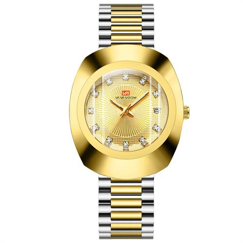 New Fashion Luxury Gold Stainless Steel Couple Watches | Diamond Cut Mirror Design | 30M Water Resistance Calendar Quartz Wrist Watch for Men & Women (32-40mm, Metal Straps)