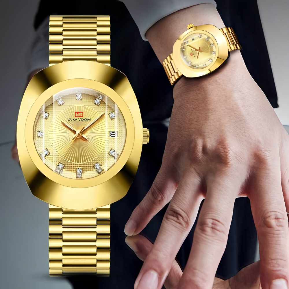 New Fashion Luxury Gold Stainless Steel Couple Watches | Diamond Cut Mirror Design | 30M Water Resistance Calendar Quartz Wrist Watch for Men & Women (32-40mm, Metal Straps)