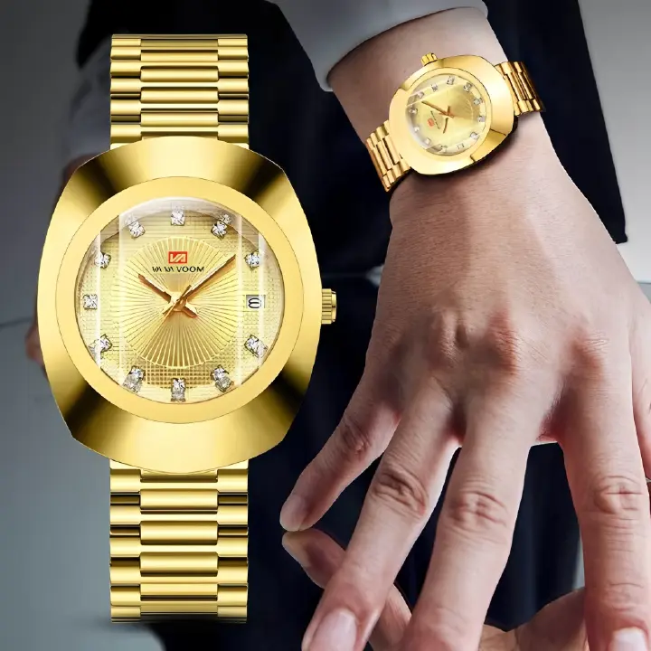New Fashion Luxury Gold Stainless Steel Couple Watches | Diamond Cut Mirror Design | 30M Water Resistance Calendar Quartz Wrist Watch for Men & Women (32-40mm, Metal Straps)