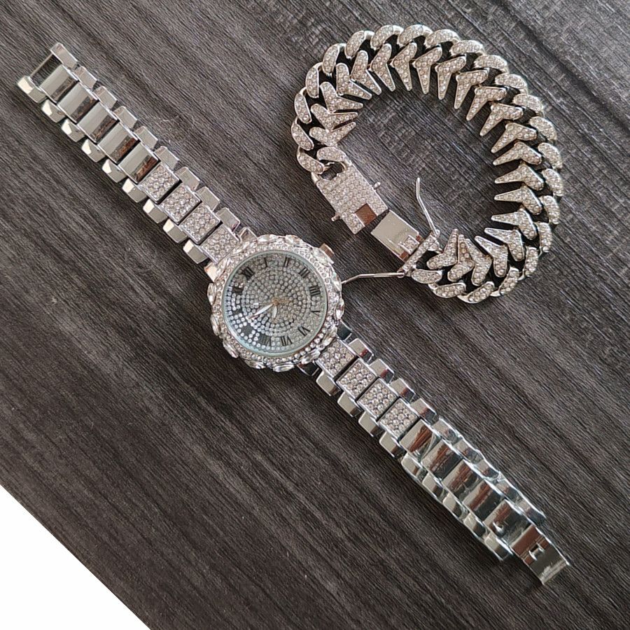 2pcs/set Ice Watches & Thorn Bracelet Set - Sparkling Quartz Watch Jewelry for Men/Women Retro Hip-Hop Style Unisex Gift for Evening Parties