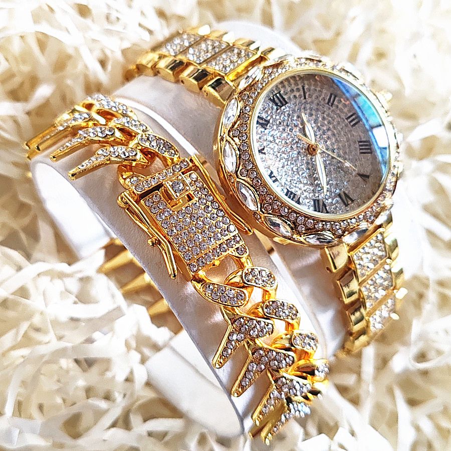 2pcs/set Ice Watches & Thorn Bracelet Set - Sparkling Quartz Watch Jewelry for Men/Women Retro Hip-Hop Style Unisex Gift for Evening Parties