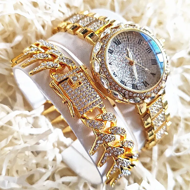 2pcs/set Ice Watches & Thorn Bracelet Set - Sparkling Quartz Watch Jewelry for Men/Women Retro Hip-Hop Style Unisex Gift for Evening Parties