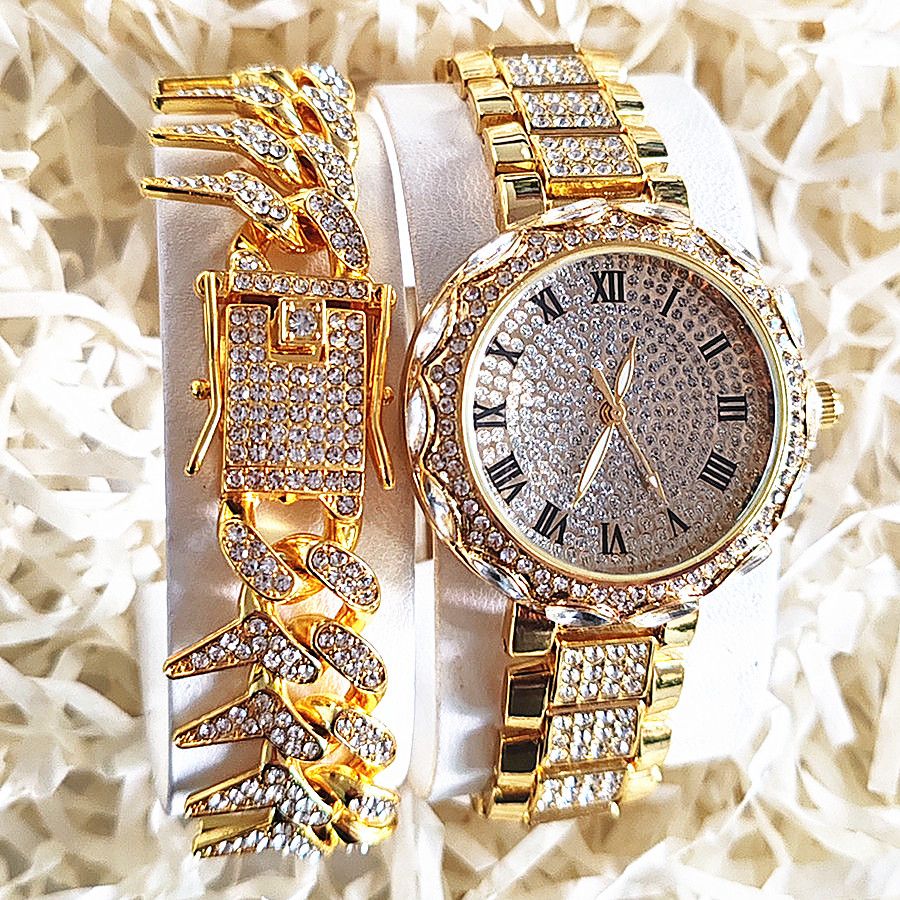 2pcs/set Ice Watches & Thorn Bracelet Set - Sparkling Quartz Watch Jewelry for Men/Women Retro Hip-Hop Style Unisex Gift for Evening Parties